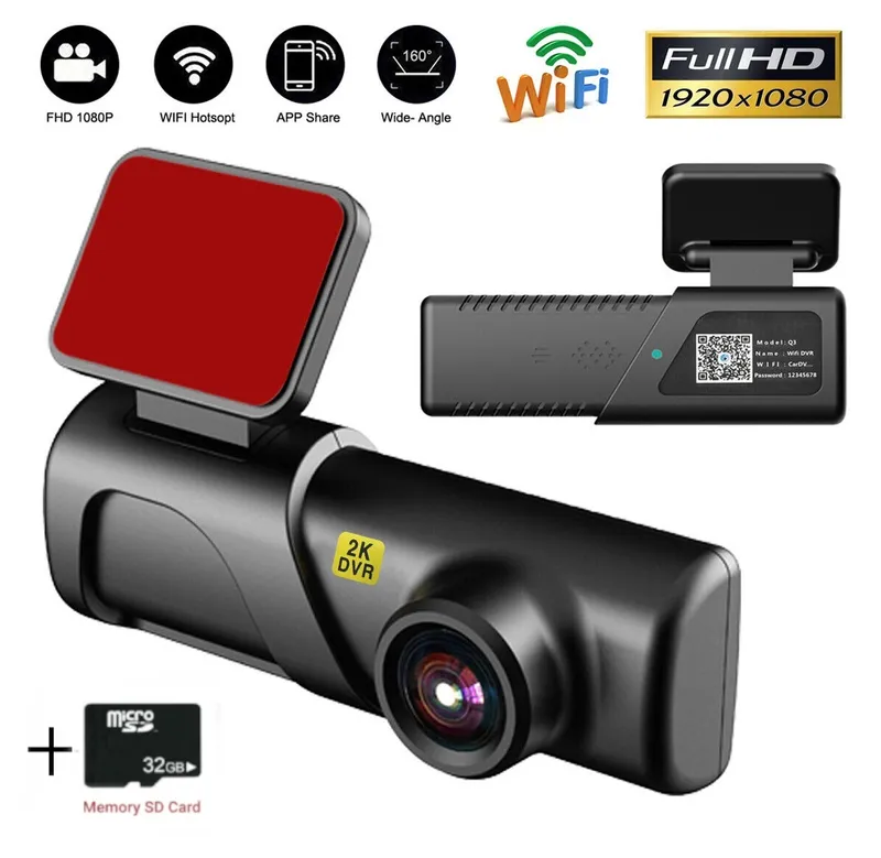 Видеорегистратор за автомобил 2K HD WIFI USB DVR камера G-сензор Видеорекордер Нощно виждане + 32 GB Micro SD Card карта с памет - 0