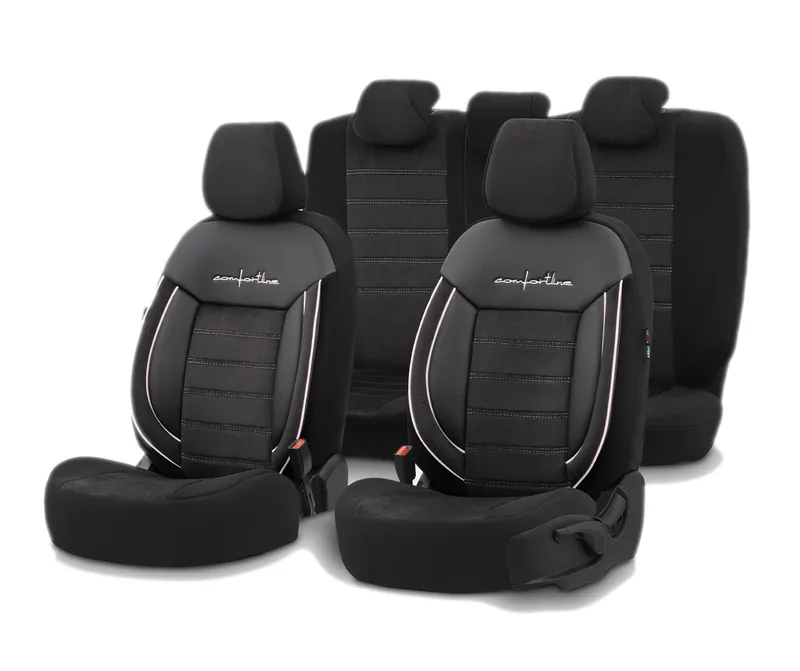 Комплект Луксозна Тапицерия OTOM текстил с еко кожа COMFORT LINE Design – Черна с бял шев, за Предни и Задни Седалки - 0