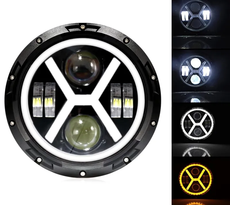 Универсален 7 инча 18см ЛЕД LED фар лампа халоген 12V-24V къси/дълги с DRL дневни светлини мигач бяло-жълто 4000lm за АТВ джип мотоциклет камион трактор и др. - 0
