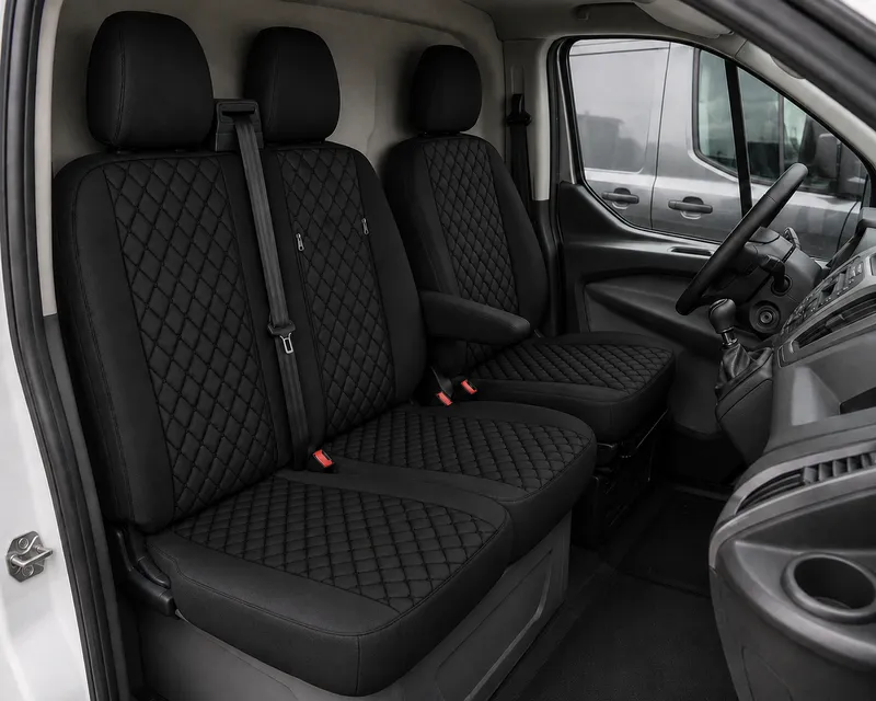 Комплект 2+1 Тапицерия за FORD TRANSIT CUSTOM 2009+ – Еко кожа, Черна с черен шев, 8 части - 0