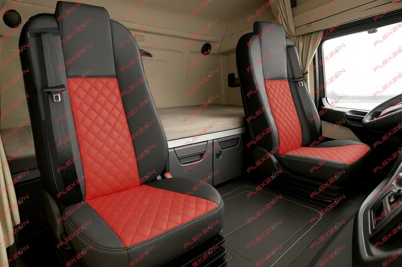 Комплект 1+1 тапицерия от еко кожа за MERCEDES ACTROS MP4 EURO 6 2015-2021 - червено-черно - 0