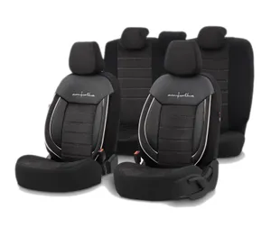 Комплект Луксозна Тапицерия OTOM текстил с еко кожа COMFORT LINE Design – Черна с бял шев, за Предни и Задни Седалки