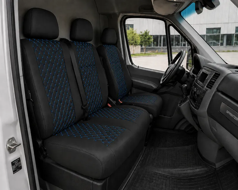 Комплект 2+1 Тапицерия за MERCEDES SPRINTER W906 2006-2018 – Еко кожа, Черна със син шев, 8 части - 0