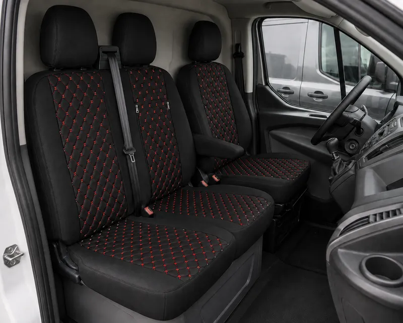 Комплект 2+1 Тапицерия за FORD TRANSIT CUSTOM 2009+ – Еко кожа, Черна с червен шев, 8 части - 0