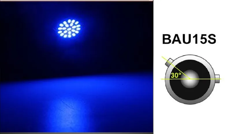 LED Лед Крушки, 22 SMD, BA15S 1156 (P21W), Асиметрични, Разминати пинове (150°) , Offset, 12V, Синя Светлина - 0