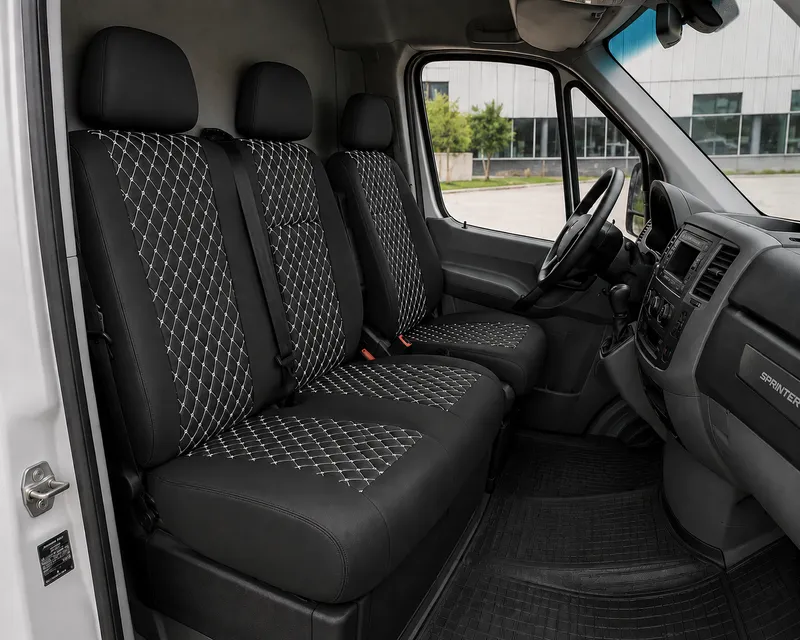 Комплект 2+1 Тапицерия за MERCEDES SPRINTER W906 2006-2018 – Еко кожа, Черна с бял шев, 8 части - 0