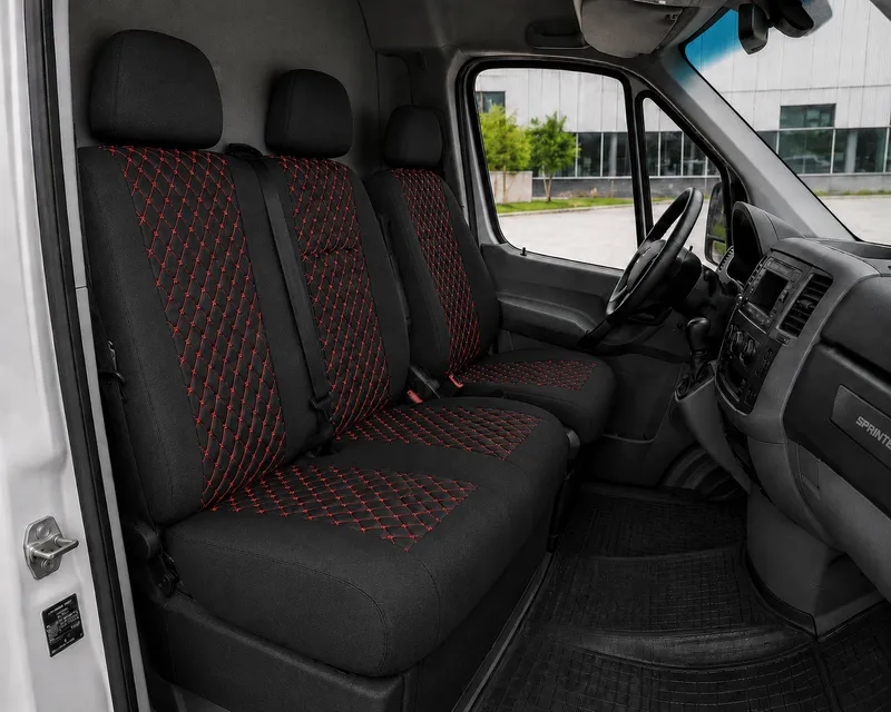 Комплект 2+1 Тапицерия за MERCEDES SPRINTER W906 2006-2018 – Текстил, Черна с червен шев, 8 части - 0