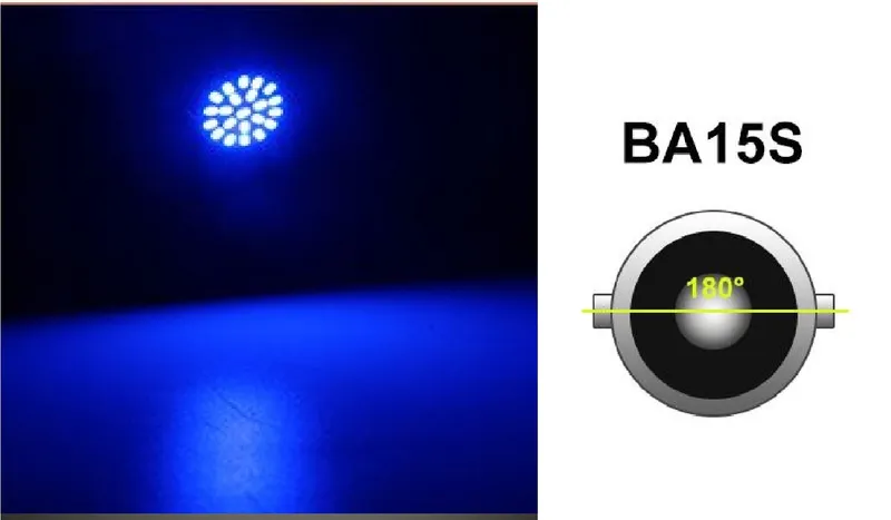 LED Лед Крушки, 22 SMD, BA15S 1156 (P21W), Срещуположни пинове (180°), Opposite, 12V, Синя Светлина - 0