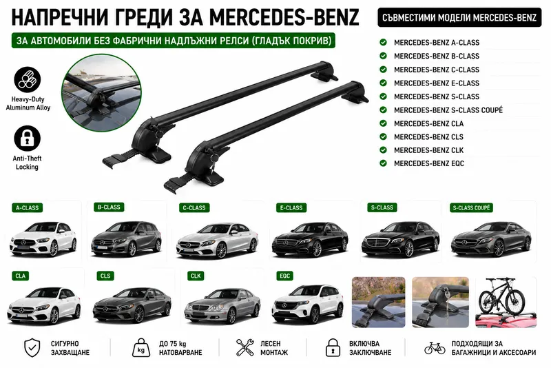 Aлуминиеви греди за багажник с ключалки за Mercedes-Benz A-Class, B-Class, C-Class, E-Class, S-Class, CLA, CLS, CLK, EQC без фабрични релси, 110 см, Черни - 0
