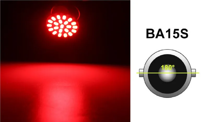 LED Лед Крушки, 22 SMD, BA15S 1156 (P21W), Срещуположни пинове (180°), Opposite, 12V, Червена Светлина - 0
