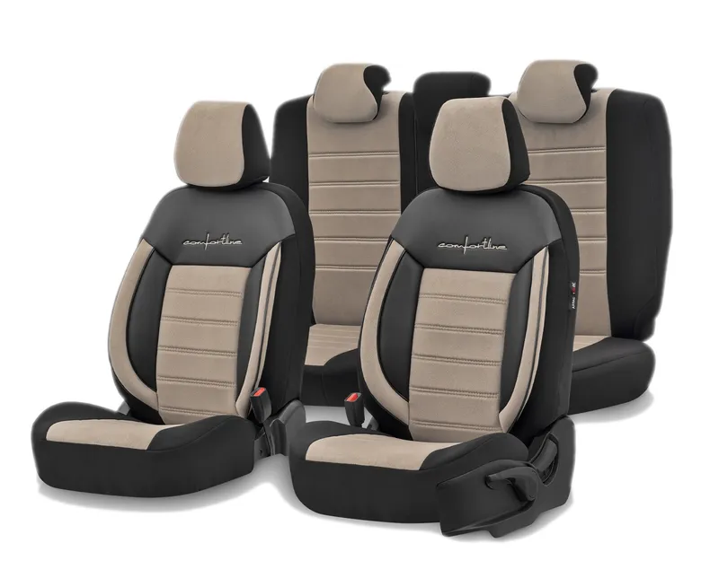 Комплект Луксозна Тапицерия OTOM текстил с еко кожа COMFORT LINE Design – Бежово-Черна с бежов шев, за Предни и Задни Седалки - 0