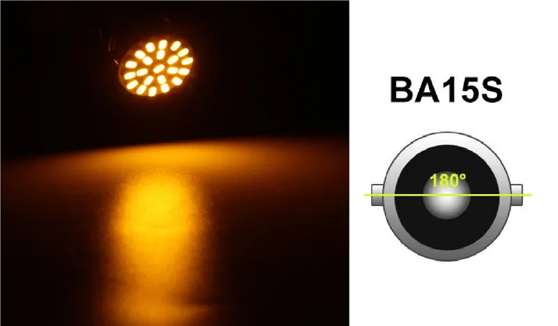 LED Лед Крушки, 22 SMD, BA15S 1156 (P21W), Срещуположни пинове (180°), Opposite, 12V, Оранжева, Жълта Светлина - 0