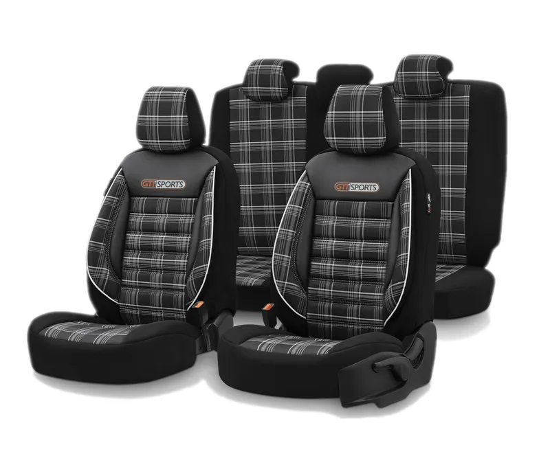 Комплект Луксозна Тапицерия OTOM текстил с еко кожа GTI SPORTS Design – Черна с бял шев, за Предни и Задни Седалки - 0