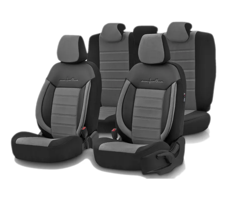 Комплект Луксозна Тапицерия OTOM текстил с еко кожа COMFORT LINE Design – Сиво-Черна със сив шев, за Предни и Задни Седалки - 0