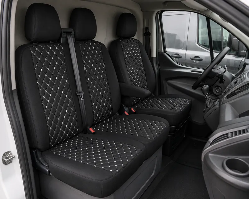 Комплект 2+1 Тапицерия за FORD TRANSIT CUSTOM 2009+ – Еко кожа, Черна с бял шев, 8 части - 0
