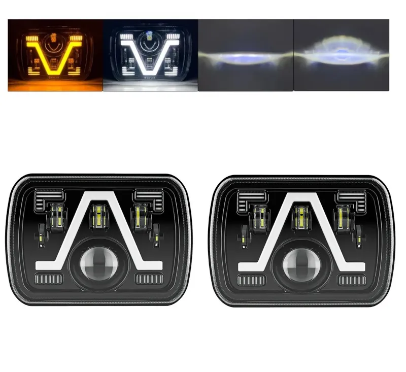 Комплект от 2бр. универсалeн 5x7 инча ЛЕД LED фар лампа халоген 12V-24V къси/дълги с DRL дневни светлини мигач бяло-жълто 9600lm за АТВ джип камион трактор и др. - 0