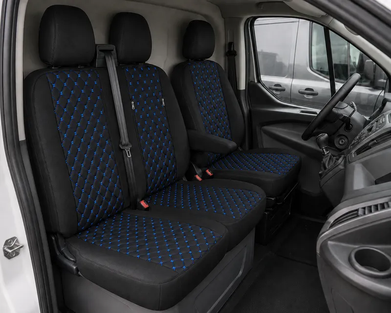 Комплект 2+1 Тапицерия за FORD TRANSIT CUSTOM 2009+ – Еко кожа, Черна със син шев, 8 части - 0