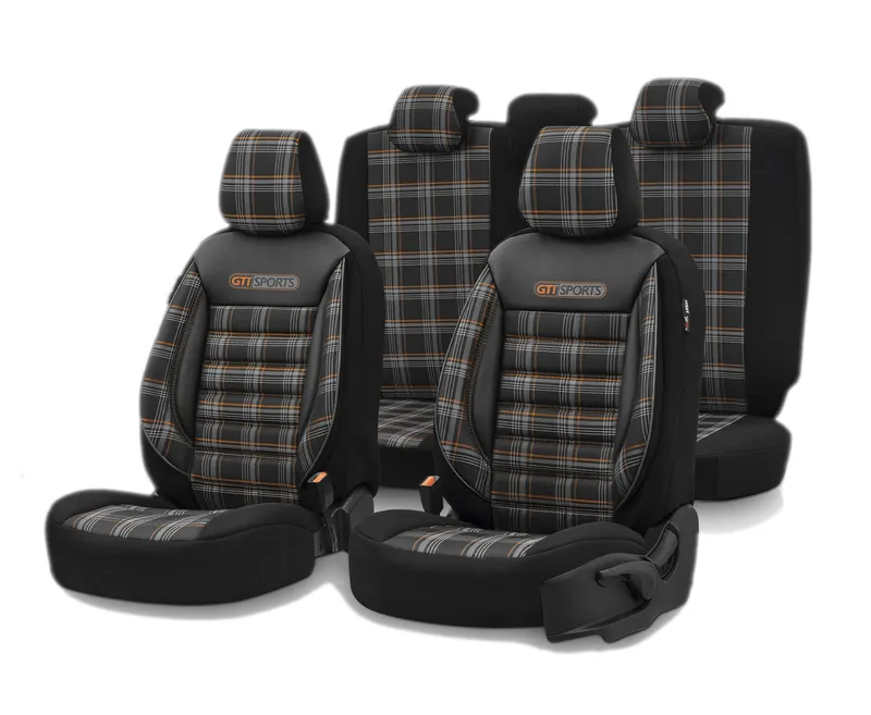 Комплект Луксозна Тапицерия OTOM текстил с еко кожа GTI SPORTS Design – Черна с оранжев шев, за Предни и Задни Седалки - 0