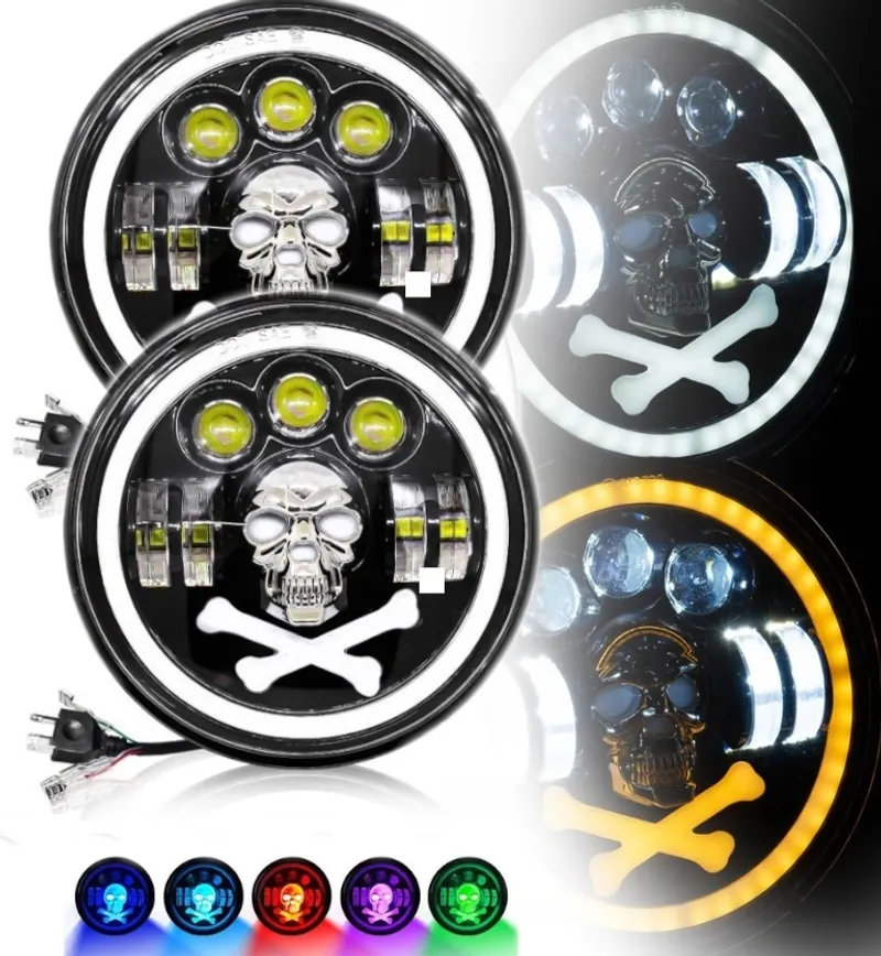 Комплект от 2бр. универсален 7 инча 18см ЛЕД LED фар халоген 12V-24V къси/дълги с DRL дневни светлини мигач бяло-жълто и череп с RGB подсветка с 6 различни цвята за АТВ джип мотоциклет камион трактор и др. - 0