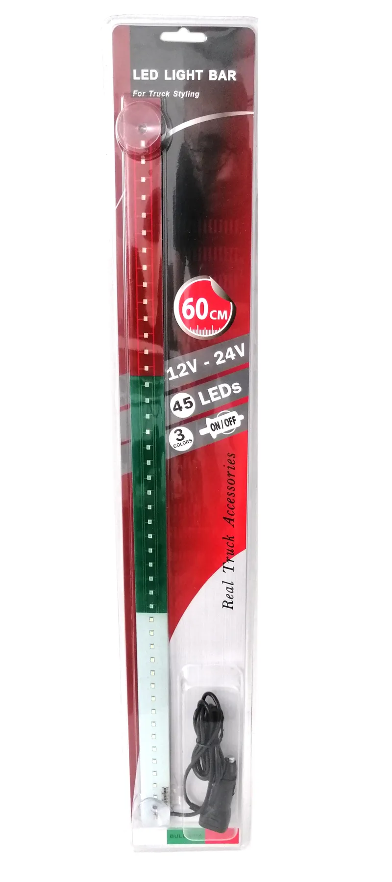 Светещ лед бар 60 cm 45 LED 12V - 24V бяло-зелено-червено BG Bulgaria флаг знаме България - 0