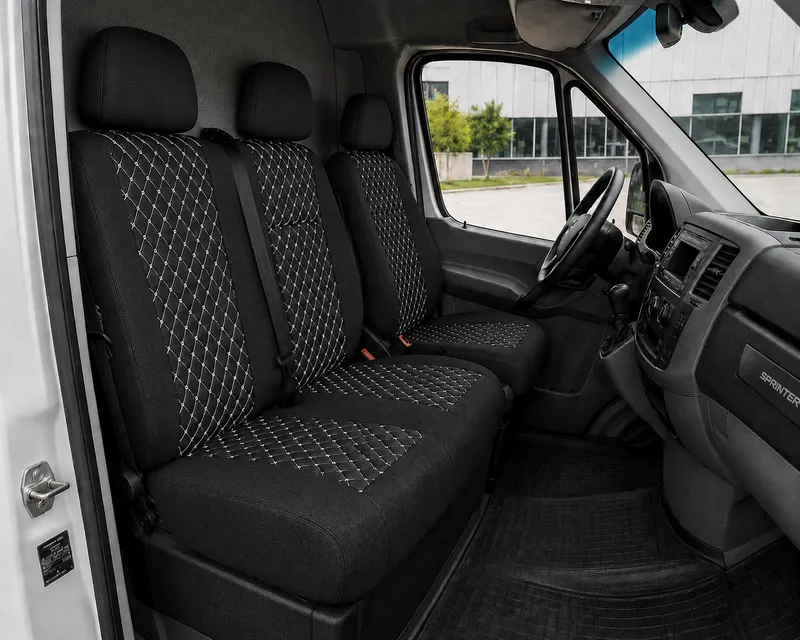 Комплект 2+1 Тапицерия за MERCEDES SPRINTER W906 2006-2018 – Текстил, Черна с бял шев, 8 части - 0