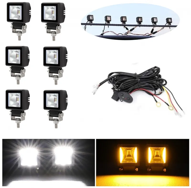 Комплект от 6 броя Лед LED Халогени Лампи с окабеляване Бяла Flood + Оранжева DRL Светлина 12V - 24V за Off Road 4X4 SUV джип мотор автомобил камион градина и др. - 0