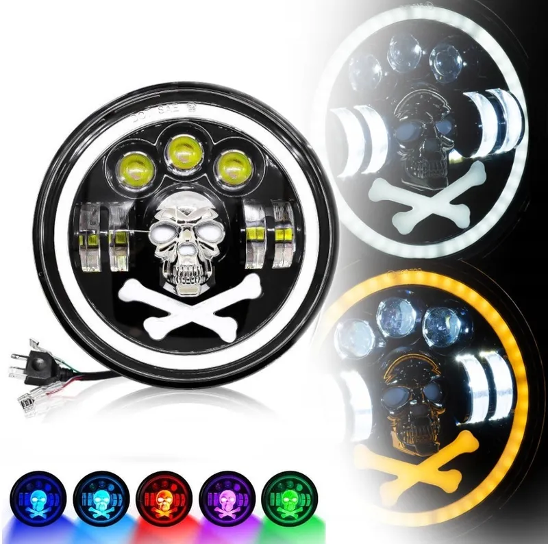 Универсален 7 инча 18см ЛЕД LED фар халоген 12V-24V къси/дълги с DRL дневни светлини мигач бяло-жълто и череп с RGB подсветка с 6 различни цвята за АТВ джип мотоциклет камион трактор и др. - 0