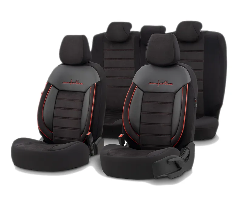 Комплект Луксозна Тапицерия OTOM текстил с еко кожа COMFORT LINE Design – Черна с червен шев, за Предни и Задни Седалки - 0