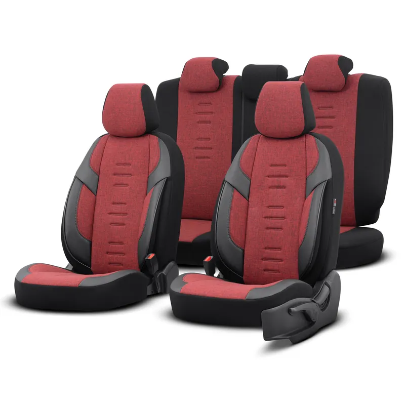 Комплект Луксозна Тапицерия OTOM текстил с еко кожа THRONE Design – Червено-Черна с черен шев, за Предни и Задни Седалки - 0