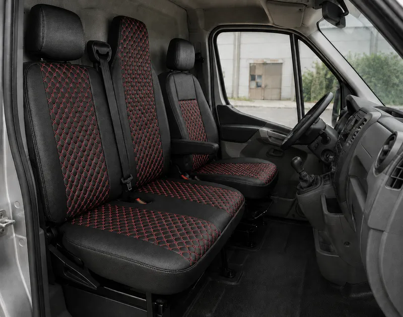 Комплект 2+1 Тапицерия за RENAULT MASTER III 2010-2019 – Еко кожа, Черна с червен шев, 6 части - 0