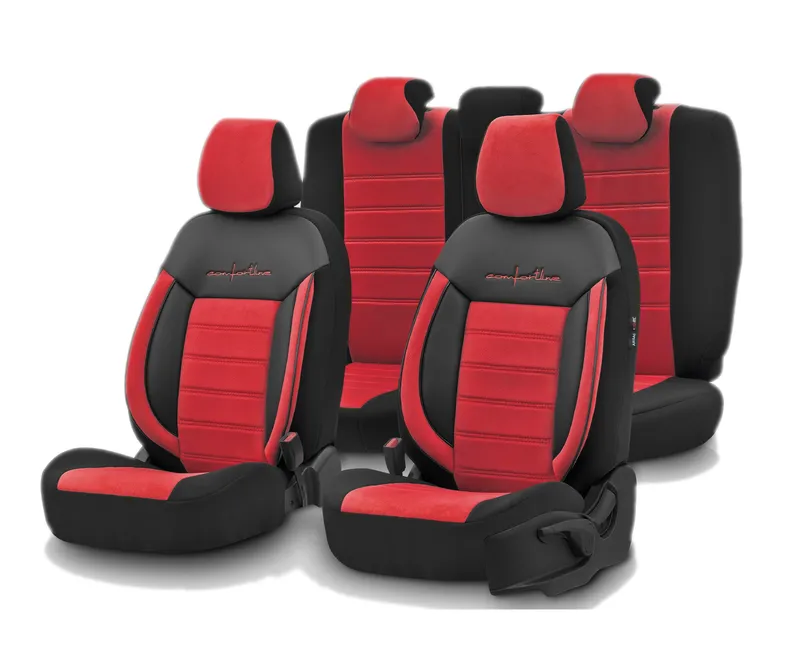 Комплект Луксозна Тапицерия OTOM текстил с еко кожа COMFORT LINE Design – Червено-Черна с червен шев, за Предни и Задни Седалки - 0