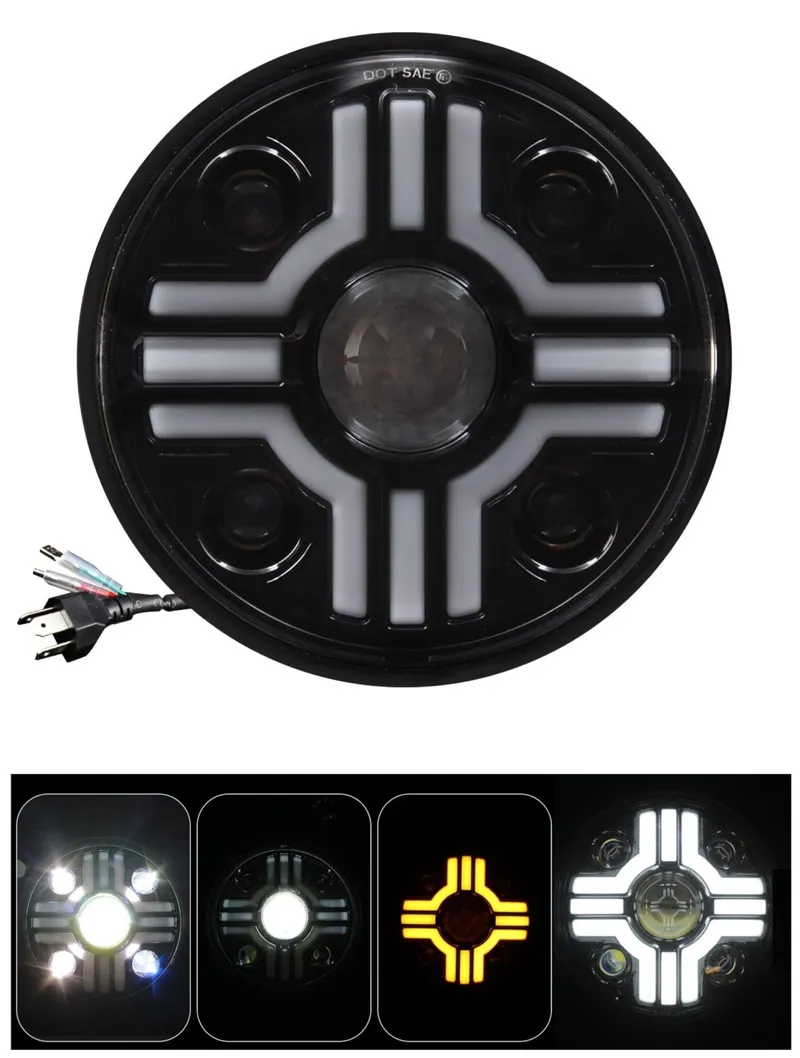 Универсален 7 инча 18см ЛЕД LED фар лампа халоген 12V-24V къси/дълги с DRL дневни светлини мигач бяло-жълто за АТВ джип мотоциклет камион трактор и др. - 0