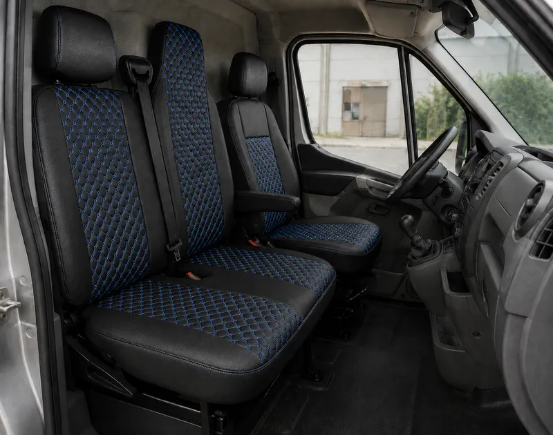 Комплект 2+1 Тапицерия за RENAULT MASTER III 2010-2019 – Еко кожа, Черна със син шев, 6 части - 0