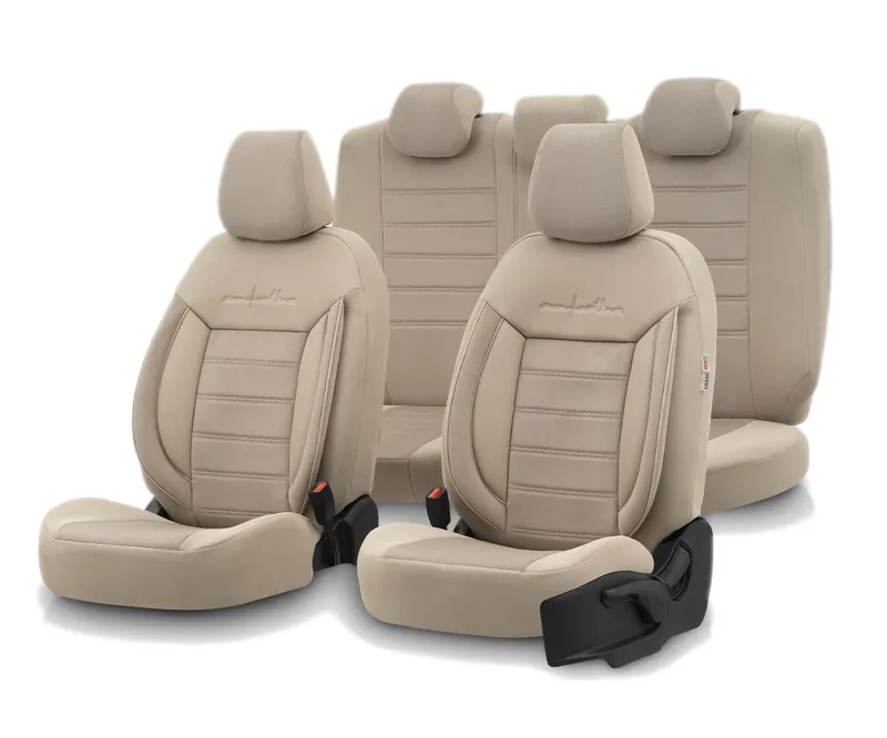 Комплект Луксозна Тапицерия OTOM текстил с еко кожа COMFORT LINE Design – Бежова с бежов шев, за Предни и Задни Седалки - 0
