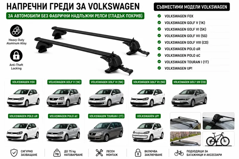 Aлуминиеви греди за багажник с ключалки за Volkswagen Fox, Golf, Polo, Touran, Up! без фабрични релси, 110 см, Черни - 0