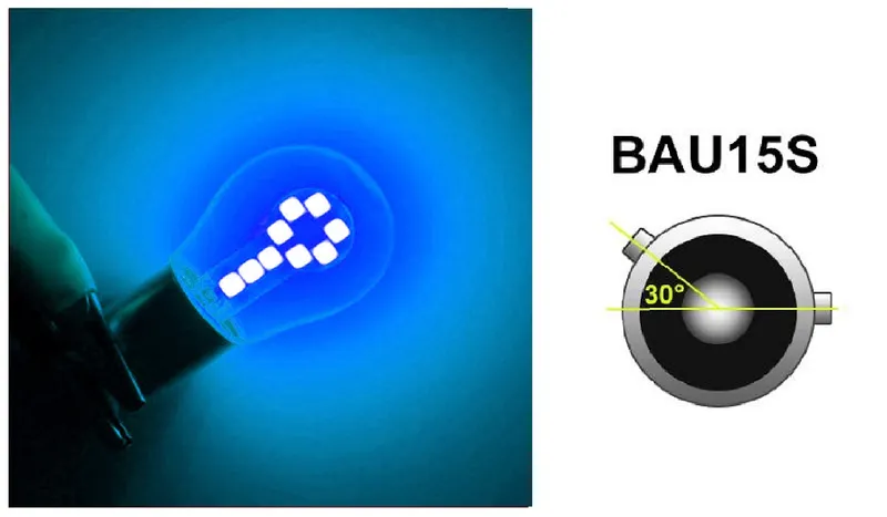 LED Лед Крушки, 18 SMD, Асиметрични, Разминати пинове (150°) , Offset, 1156, BAU15S, 12V, Синя Светлина - 0