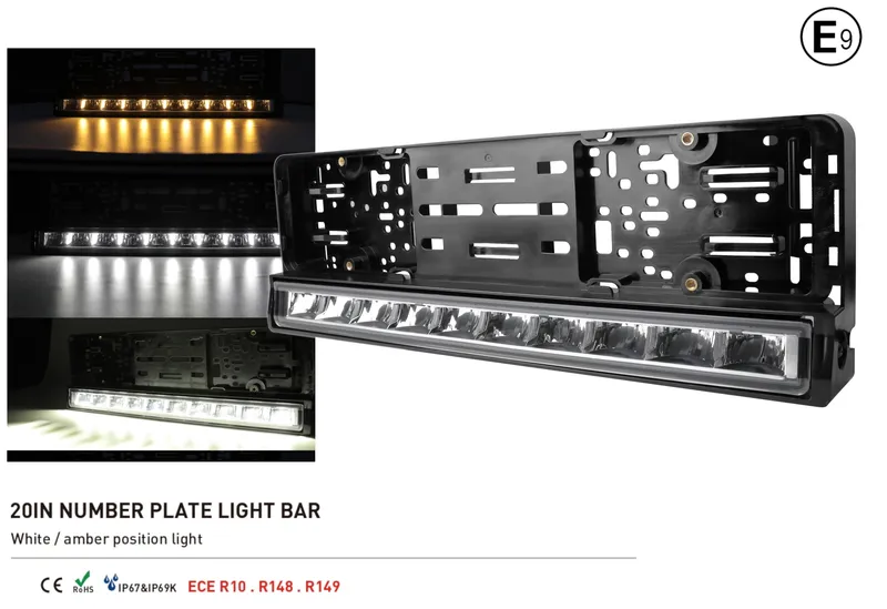 Рамка за Номер с Вграден LED Бар 20 51cm 12v 24v Бяла и Оранжева Дневна DRL Габаритна Светлина - 0