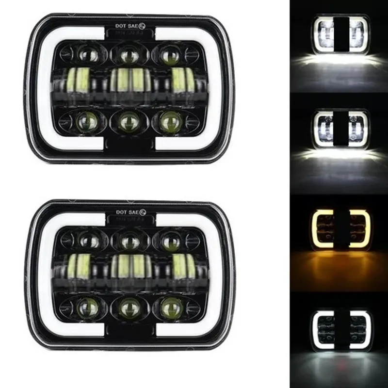 Комплект от 2бр. универсалeн 5x7 инча ЛЕД LED фар лампа халоген 12V-24V къси/дълги с DRL дневни светлини мигач бяло-жълто 9600lm за АТВ джип камион трактор и др. - 0