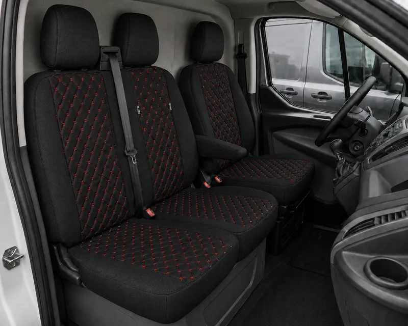 Комплект 2+1 Тапицерия за FORD TRANSIT CUSTOM 2009+ – Текстил, Черна с червен шев, 8 части - 0