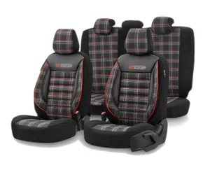 Комплект Луксозна Тапицерия OTOM текстил с еко кожа GTI SPORTS Design – Черна с червен шев, за Предни и Задни Седалки