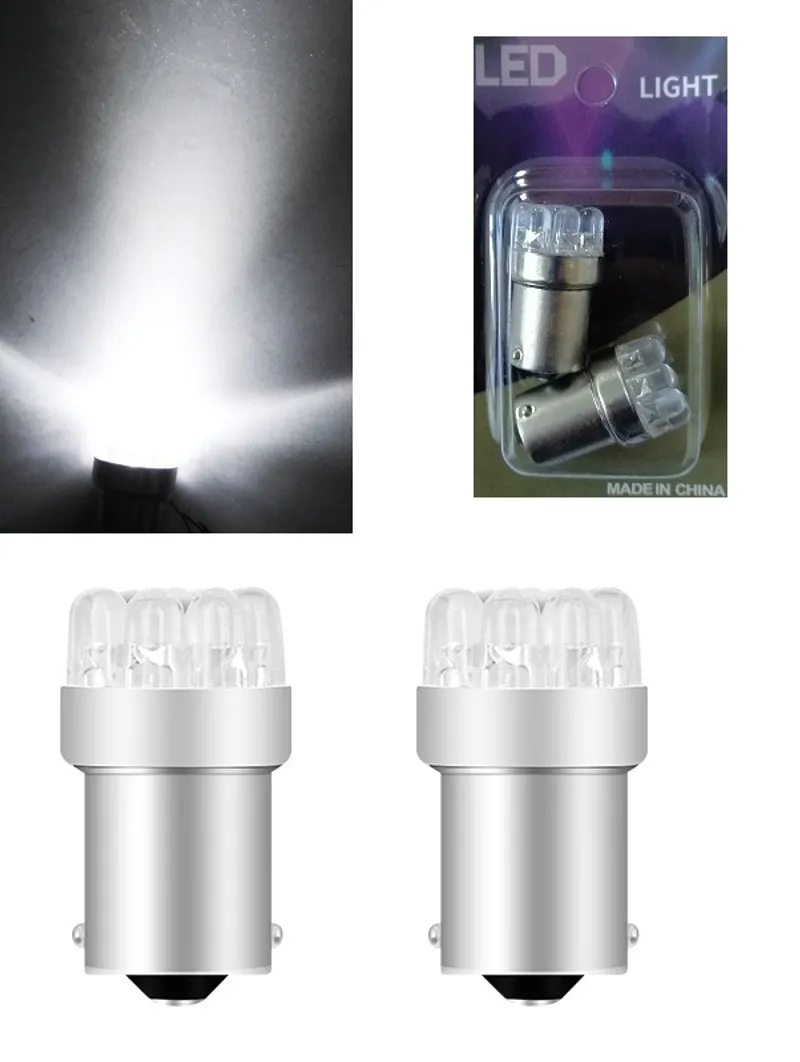 Комплект от 2 броя LED Лед Крушки за Mигач Стоп Габарит Халоген 9 LED 1156 BA15S 12V Бяла Светлина в Блистер - 0