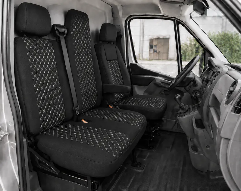 Комплект 2+1 Тапицерия за RENAULT MASTER III 2010-2019 – Текстил, Черна с бял шев, 6 части - 0