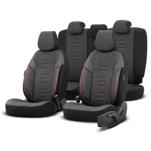 Комплект Луксозна Тапицерия OTOM текстил с еко кожа THRONE Design – Черна с червен шев, за Предни и Задни Седалки
