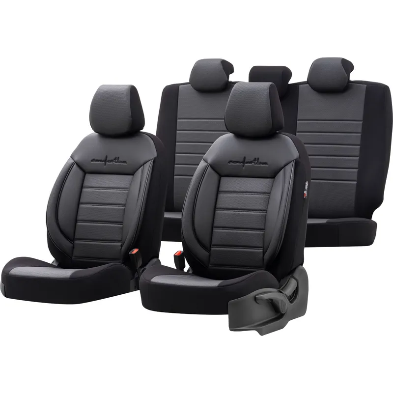 Комплект Луксозна Тапицерия OTOM текстил с еко кожа COMFORT LINE Design – Черна с черен шев, за Предни и Задни Седалки - 0