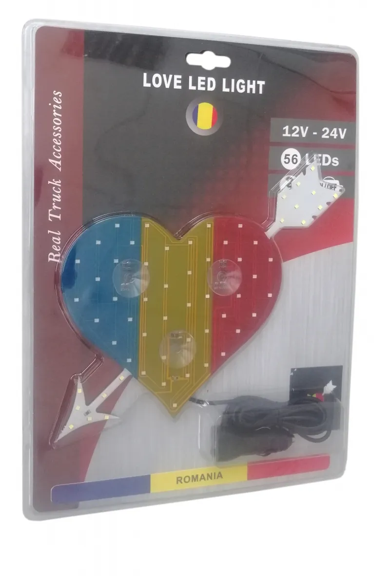 Сетодиодно светещo сърце в синьо-жълто-червено RO Romania флаг знаме Румъния 12V - 24V 54 LED ЛЕД - 0
