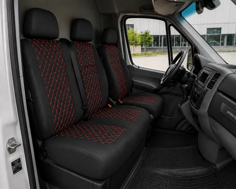 Комплект 2+1 Тапицерия за MERCEDES SPRINTER W906 2006-2018 – Еко кожа, Черна с червен шев, 8 части - 0