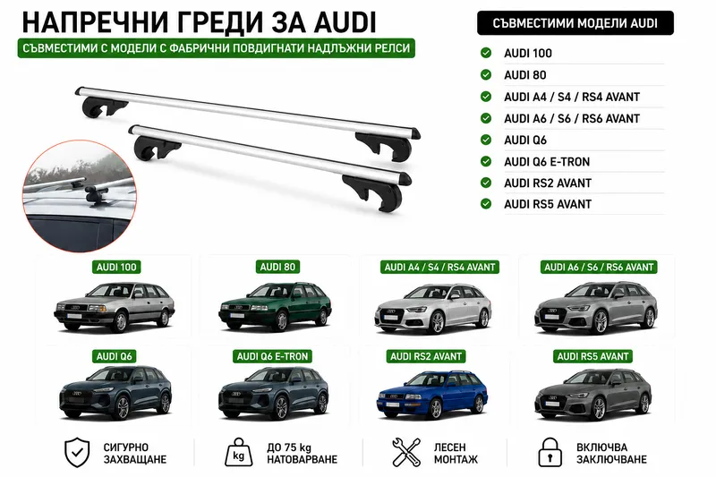 Aлуминиеви греди за багажник с ключалки за Audi Серия 100, 80, A4, A6, RS2, RS5 и Q6 с повдигнати надлъжни релси (Raised Rails) 120 см, до 90 кг, Сребристи - 0
