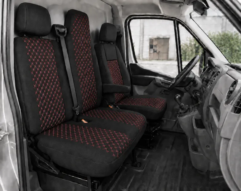 Комплект 2+1 Тапицерия за RENAULT MASTER III 2010-2019 – Текстил, Черна с червен шев, 6 части - 0