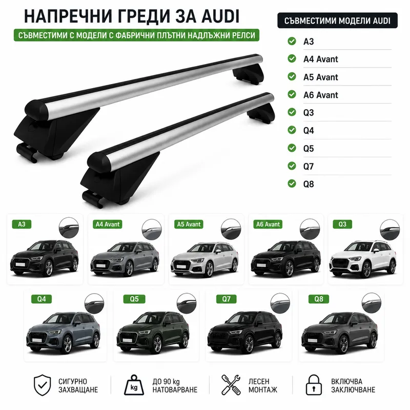 Aлуминиеви греди за багажник с ключалки за Audi A3, A4 Avant, A5 Avant, A6 Avant, Q3, Q4, Q5, Q7, Q8 с плътни надлъжни релси (Flush Rails) 120 см, до 90 кг, Сребристи - 0