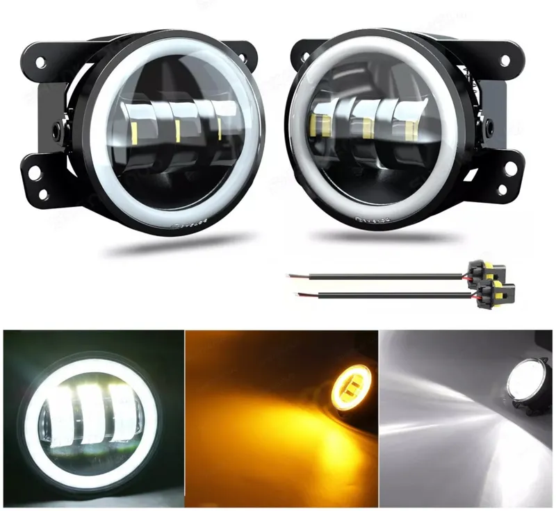 Комплект от 2 броя 4 инча 9.8cм ЛЕД LED фар лампа халоген 12V-24V с DRL дневни светлини мигач бяло-жълто за Jeep Dodge Chrysler Peugeot Ford CITROËN Opel Dacia Jaguar PORSCHE Suzuki Nissan RENAULT - 0